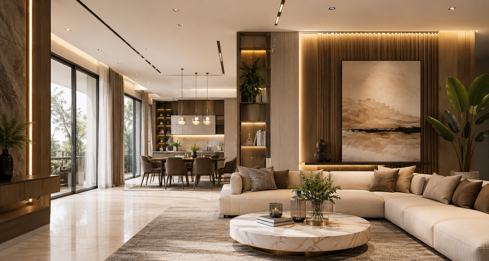 High-end luxury penthouse living room with modern furniture and floor-to-ceiling windows