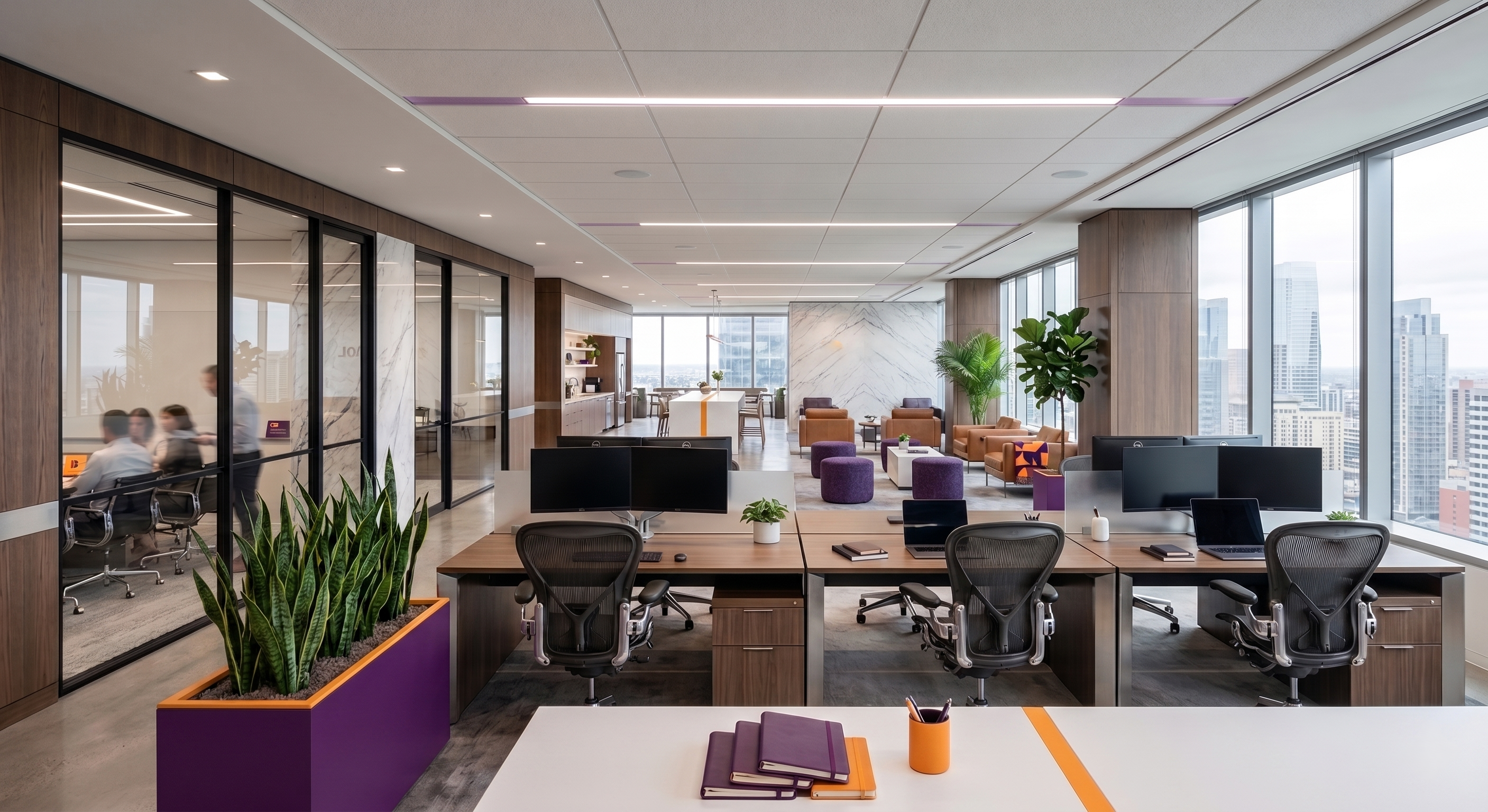 Modern minimal corporate office lobby with glass walls