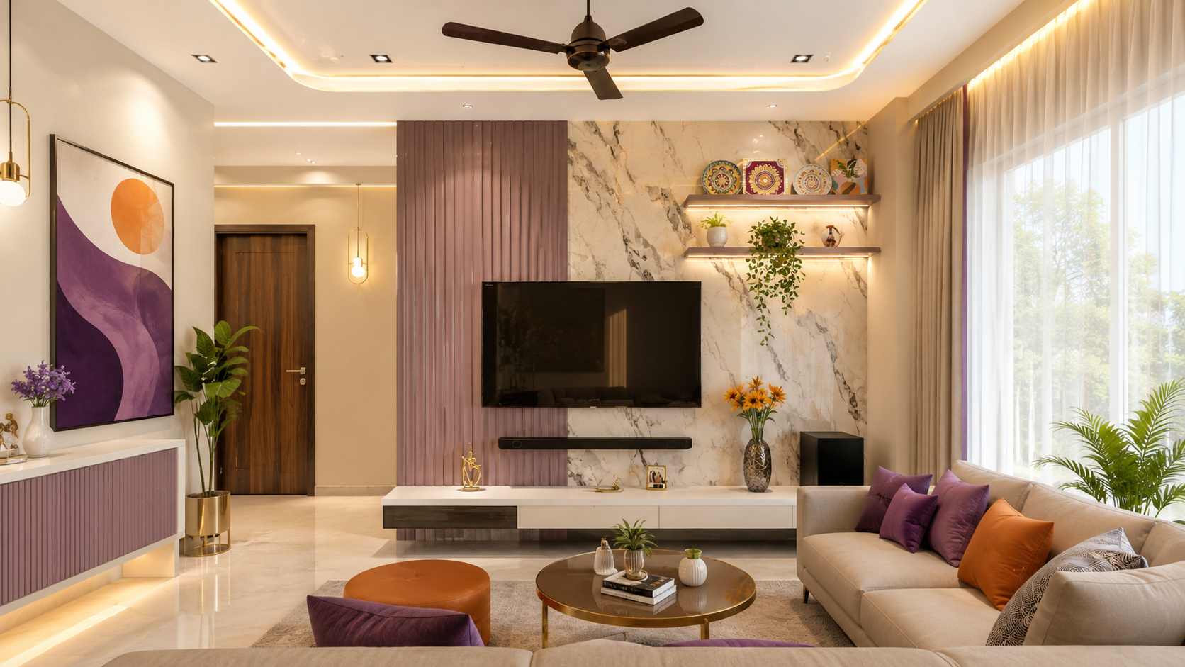 Cozy luxury living room with beige tones and soft lighting