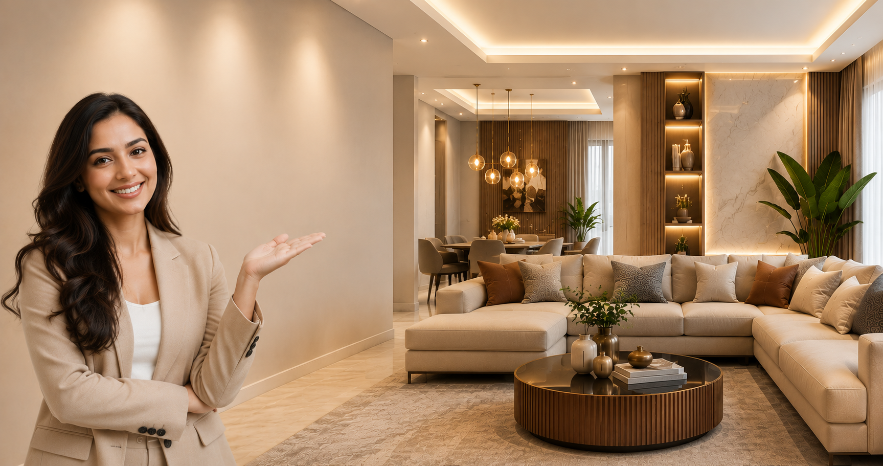 High-end luxury penthouse living room with modern furniture and floor-to-ceiling windows