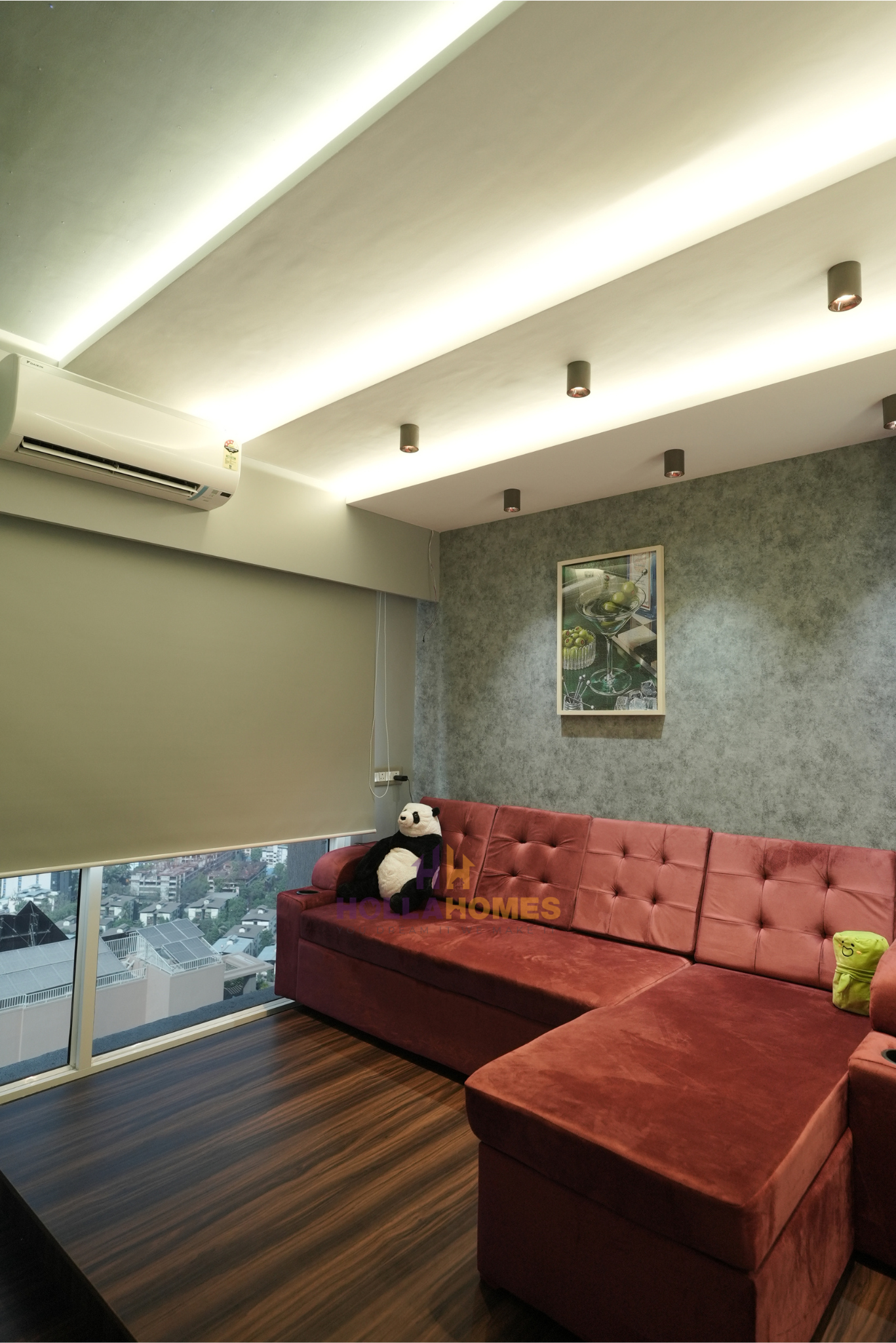 Minimalist living room with colorful artwork