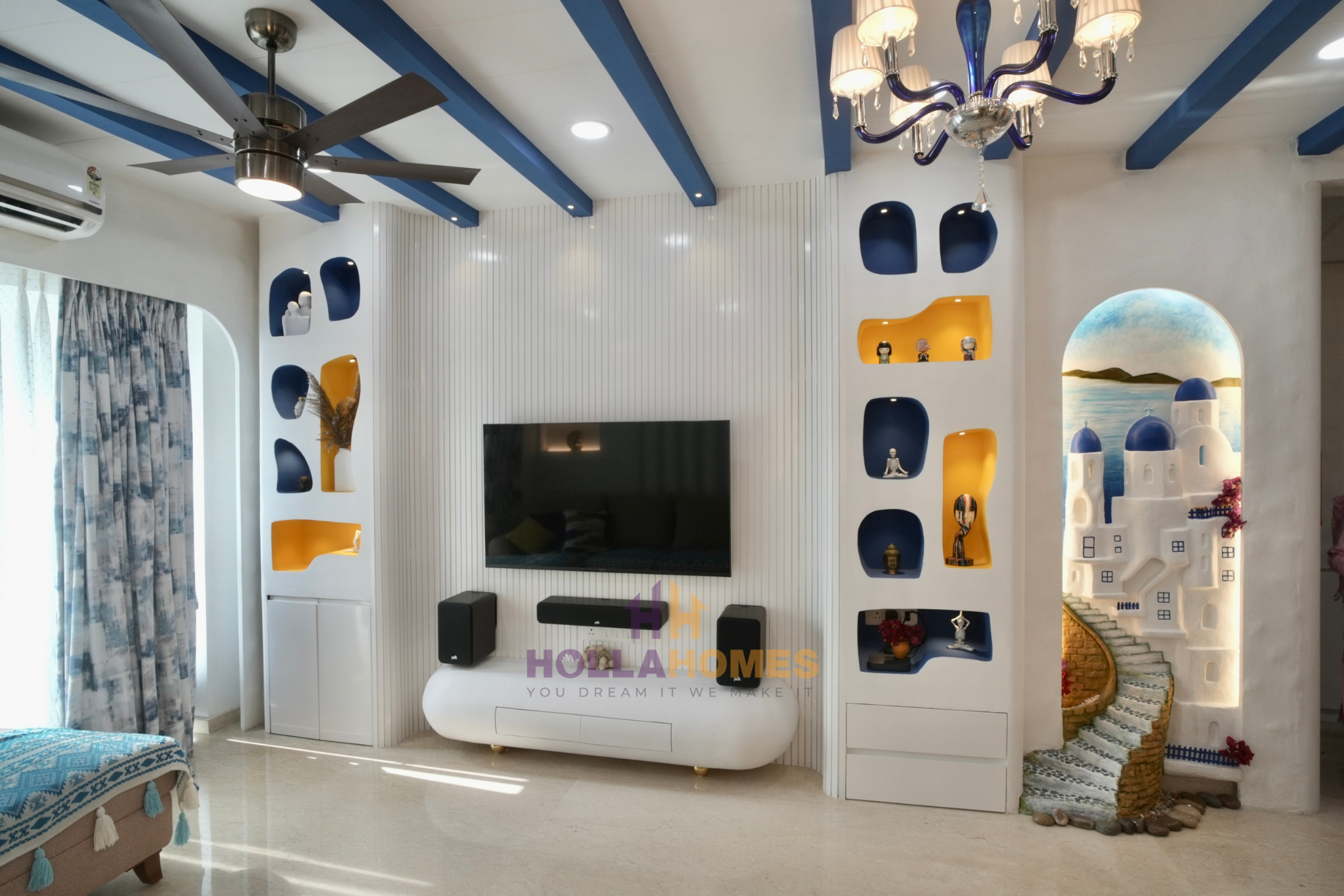 Minimalist living room with colorful artwork