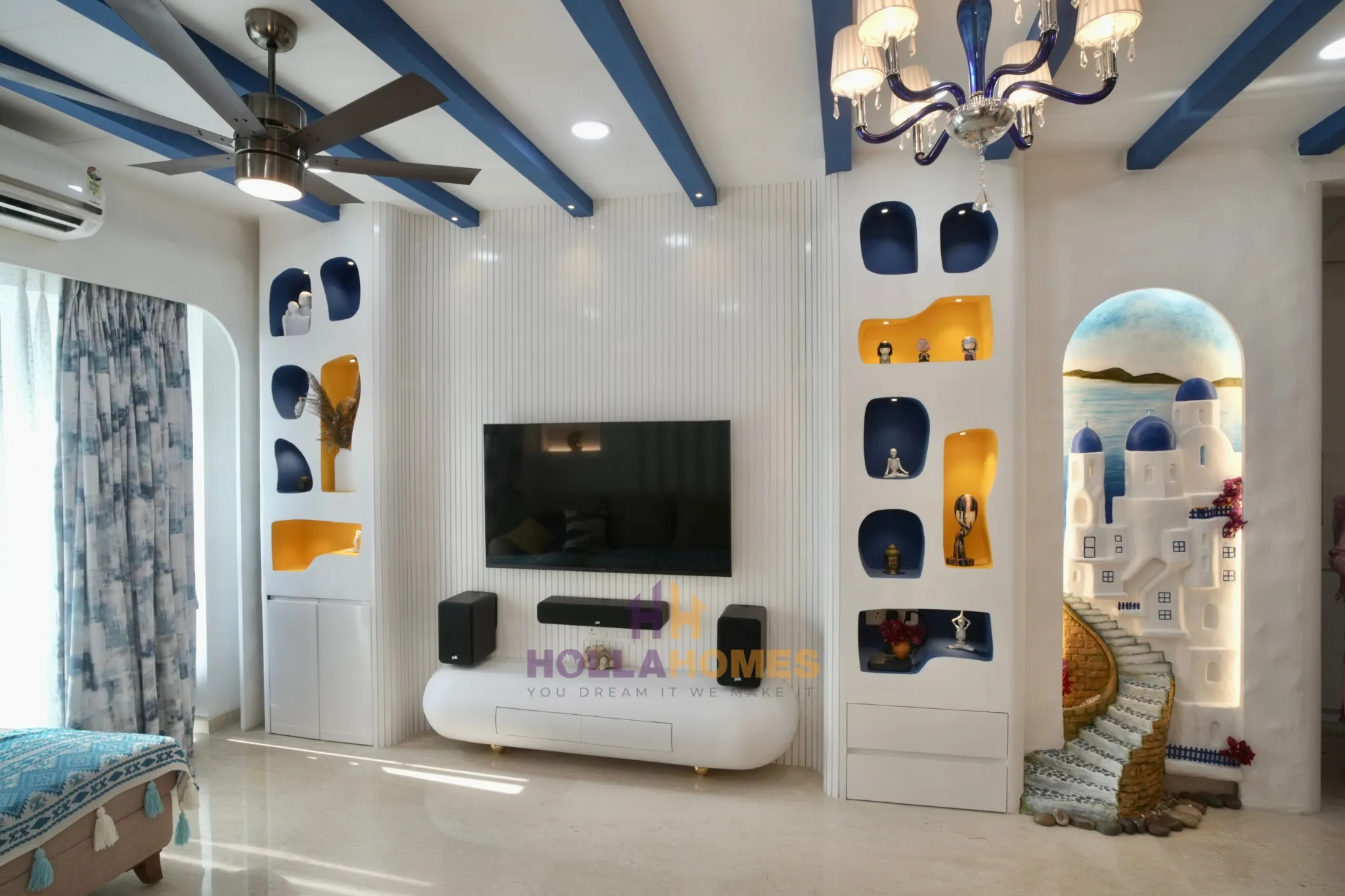 Minimalist living room with colorful artwork