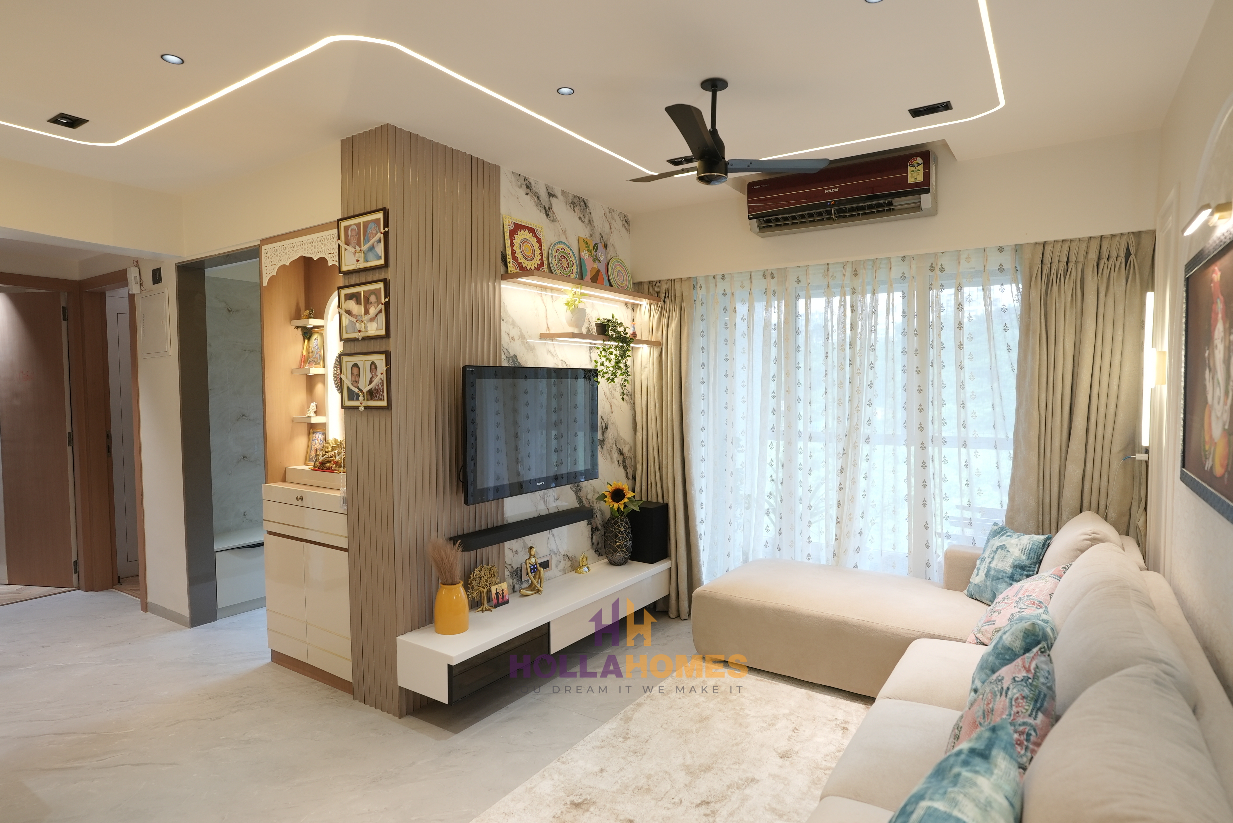 Minimalist living room with colorful artwork