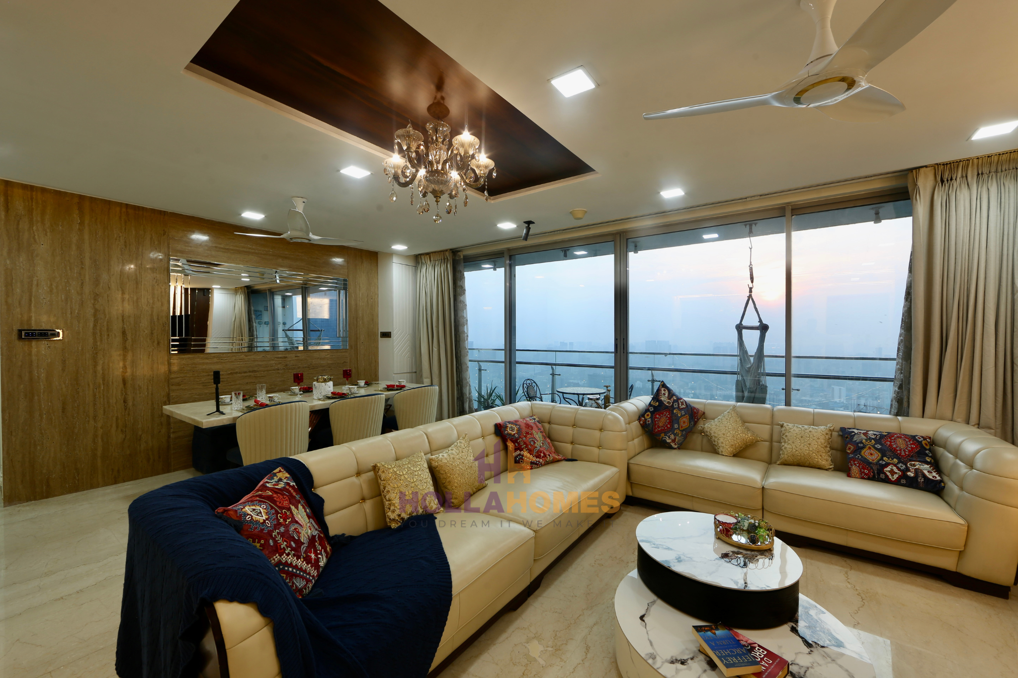 High-end luxury penthouse living room with modern furniture and floor-to-ceiling windows