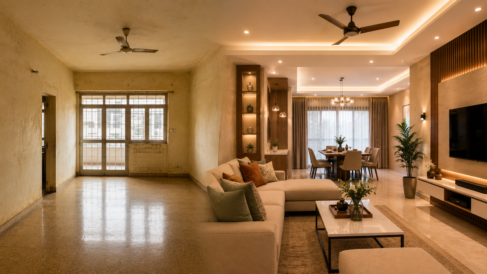 High-end luxury penthouse living room with modern furniture and floor-to-ceiling windows